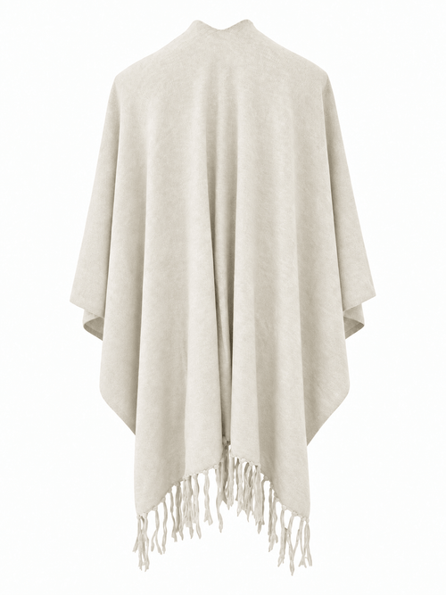 A light beige open-front shawl or poncho with fringed tassels along the bottom hem, displayed against a solid white background.