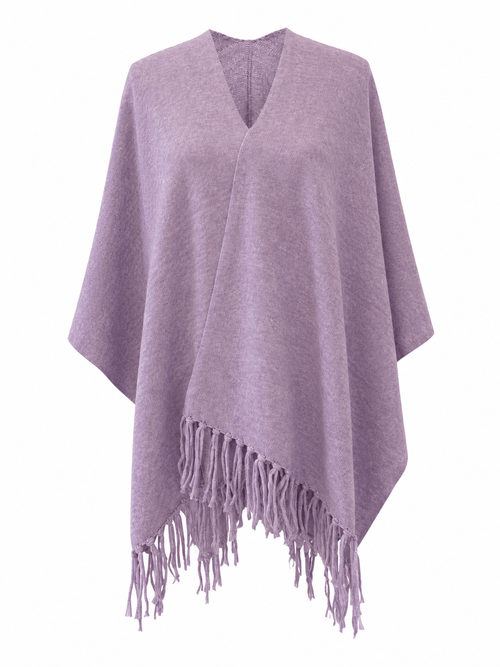A light purple knit poncho with a V-neck and fringed hem, displayed on a clean white background.