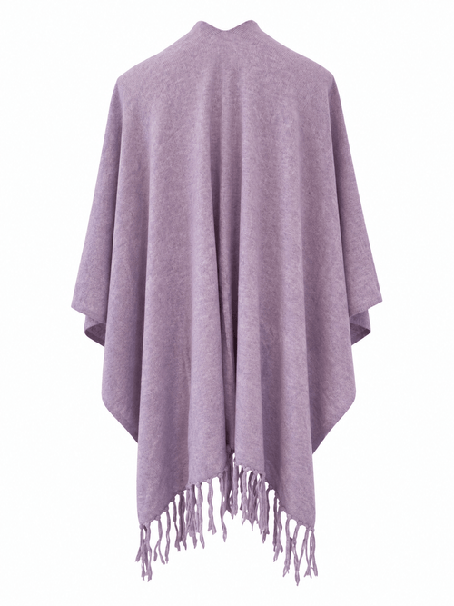 A light purple knit poncho with fringed edges, displayed against a solid white background.