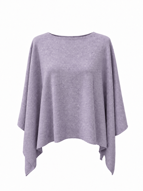 A light purple knit poncho top with a wide boat neckline and draped, asymmetrical sleeves, shown against a plain white background.