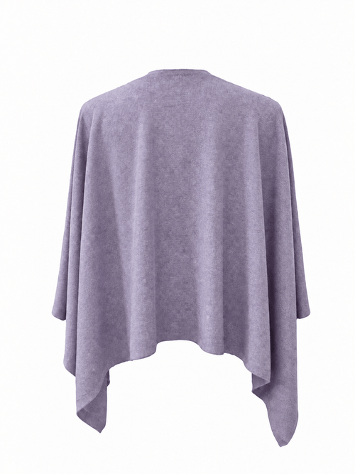 A light purple knit poncho-style top shown from the back, featuring a crew neck and draped, asymmetrical hem, displayed on a white background.