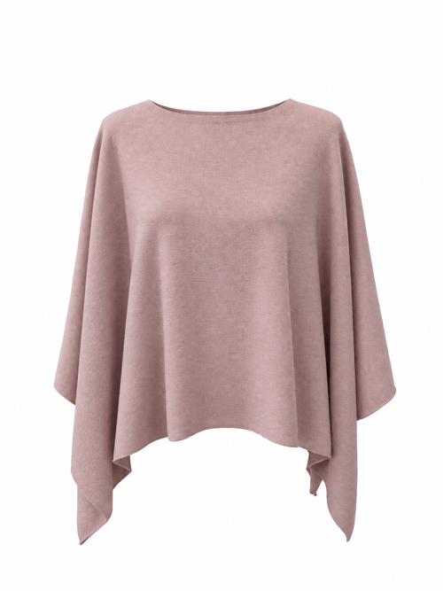 A dusty rose pink knit poncho top with a wide boat neckline and draped, asymmetrical hem, shown against a plain white background.